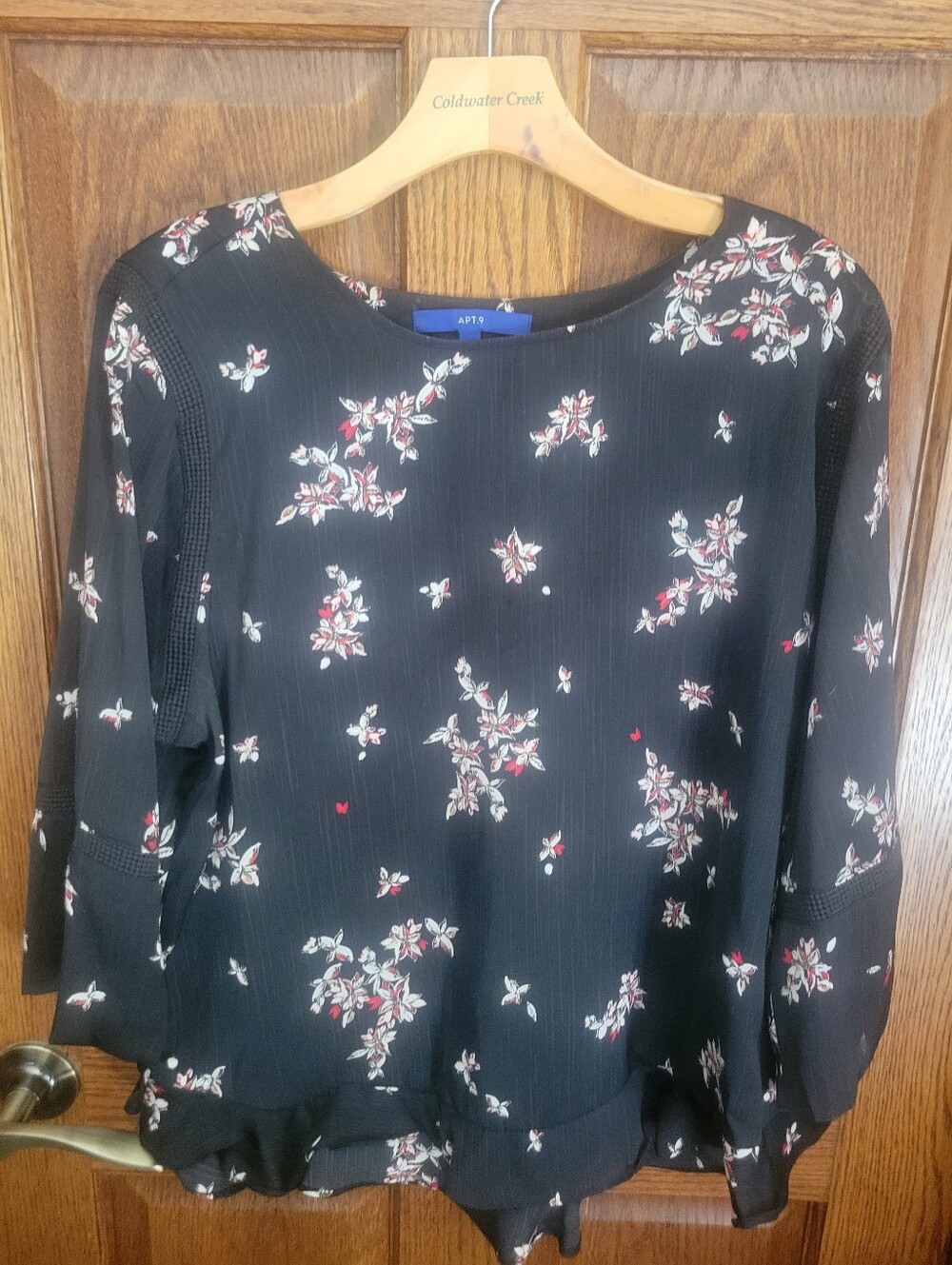 Apt. 9 Black Floral Long-Sleeve Top with Subtle Red Accents